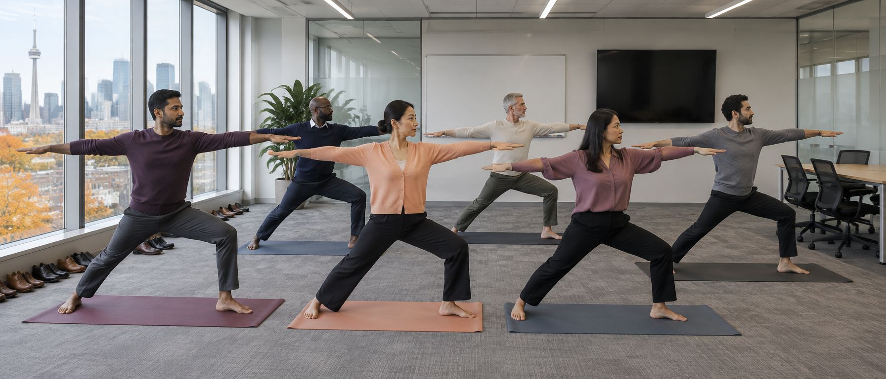 A team holding warrior pose together on yoga mats in their office meeting room, the city skyline in the window behind them