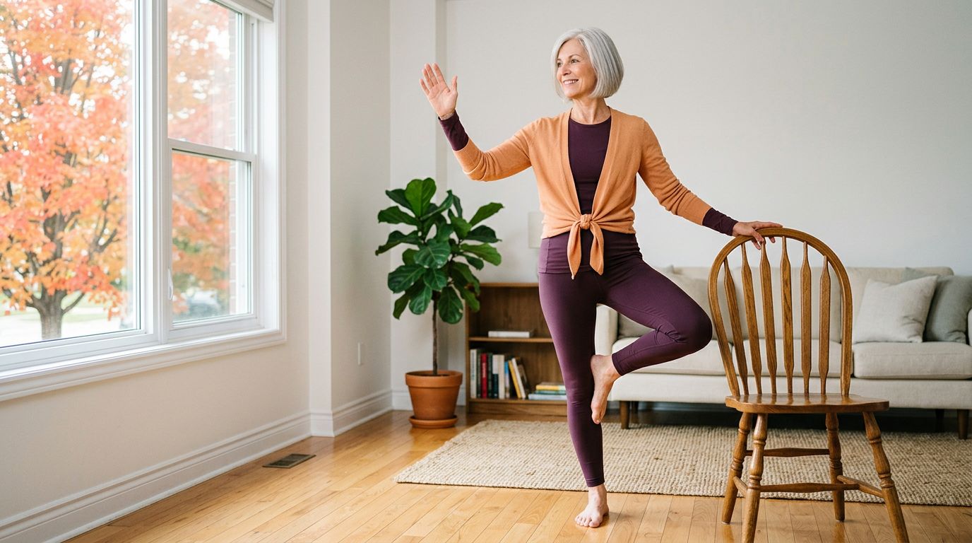 An older woman balancing on one leg in her sunny living room, one hand resting on the back of a wooden chair