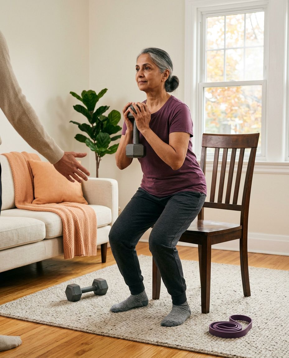 An older woman lowering into a chair squat with a dumbbell held at her chest while her coach’s hand steadies her in the living room